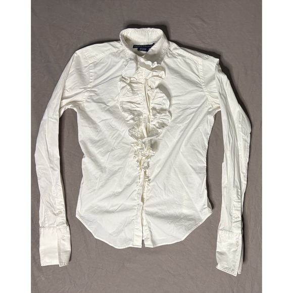 Lauren Ralph Lauren Tops - Ralph Lauren Ruffled Front Blouse Women's Size 4 White Long Sleeve Button